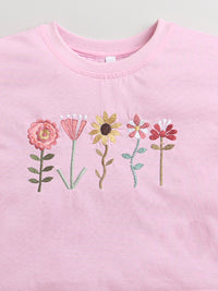 Pink Frill Sleeve Floral Embroidery Girls T-shirt