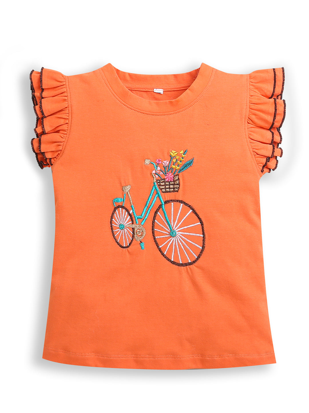 Pink-Orange-Lt Yellow Frill Sleeve Floral Designs Embroidery Girls