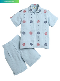 Sky Blue All Over Embroidery Collar Neck Shirt & Shorts Boys Shirt