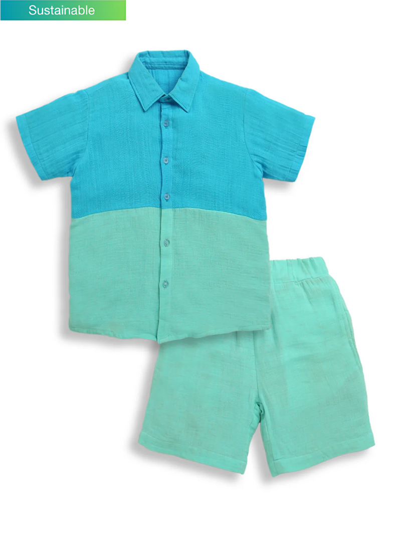Blue & Green Half Sleeve Color Block Pure Cotton Shirt & Short Co-ord Set