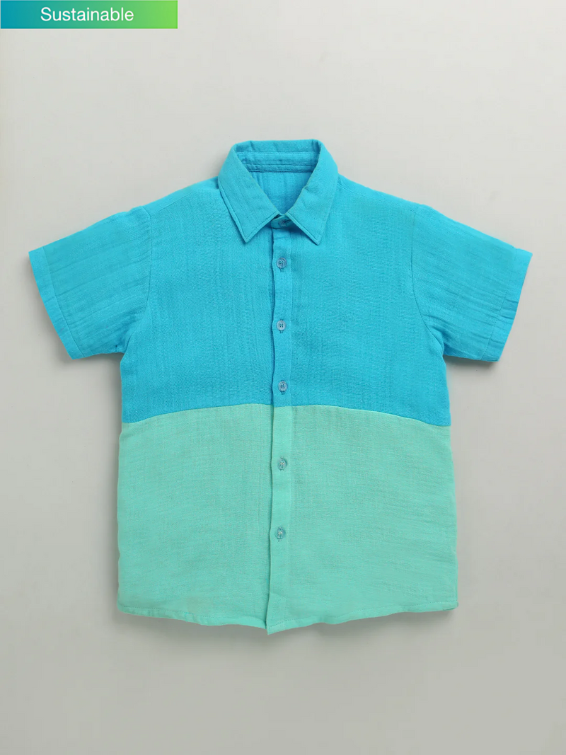 Blue & Light Green Color Block Half Sleeve Soft Cotton Shirt
