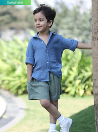 Blue Full Sleeve Shirt & Olive Green Short Soft Cotton Co-ord Set