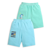 Pack of 2 Mint Green-Sun Surf Ice Cream & Sky Blue-Gamer Print Cotton Shorts
