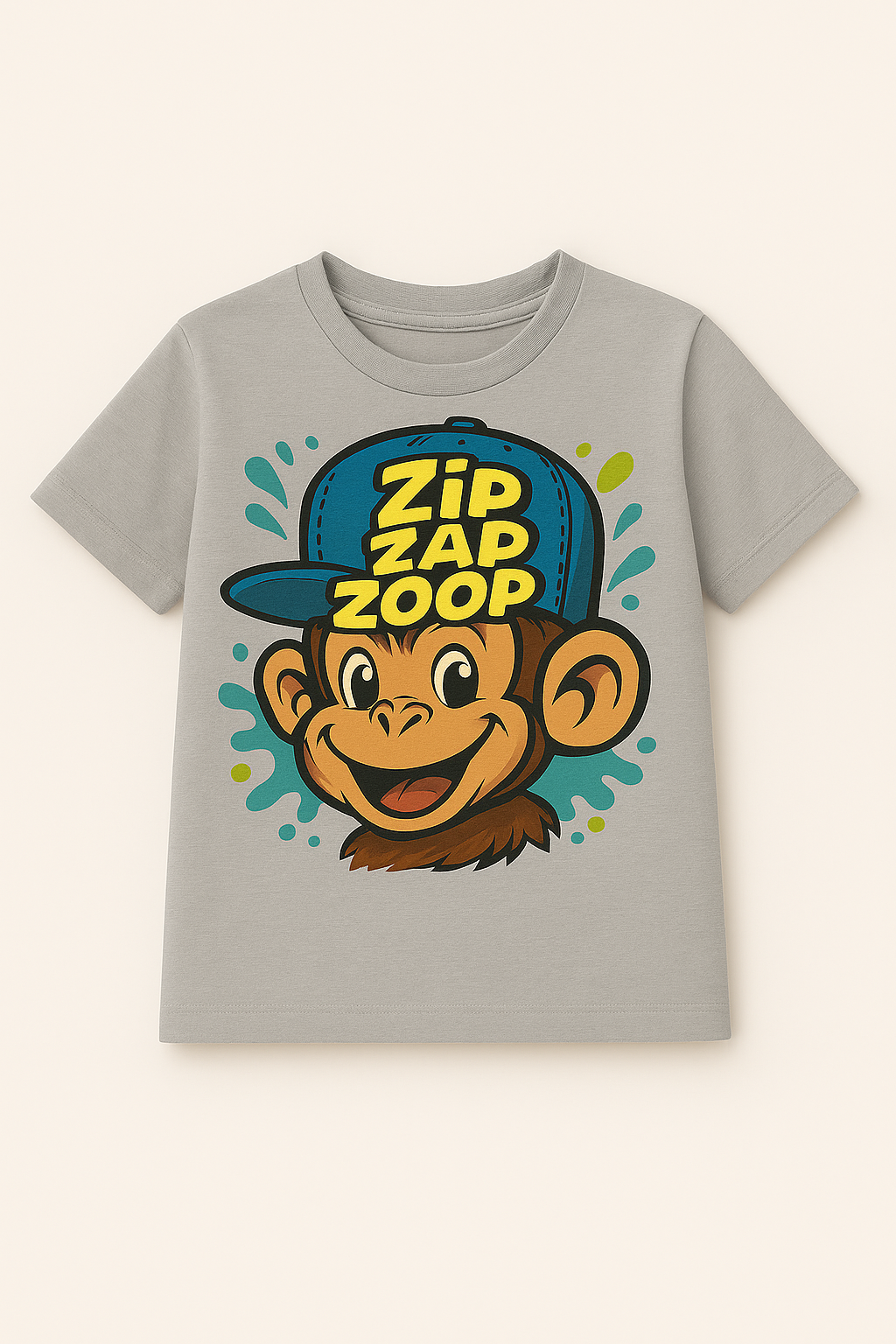 Grey ZipZapZoop Monkey Cap Print Half Sleeve T-Shirt