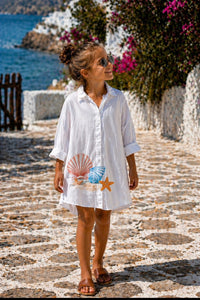 White Shell Print Beach Shirt Dress – Mom & Daughter Matching Outfit