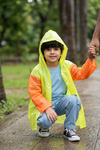 Kids' Dual-Tone Hooded Raincoat – Bright Neon & Orange