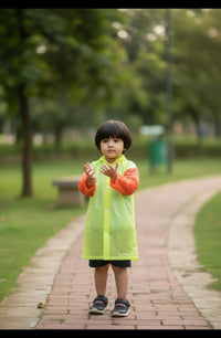 Kids' Dual-Tone Hooded Raincoat – Bright Neon & Orange