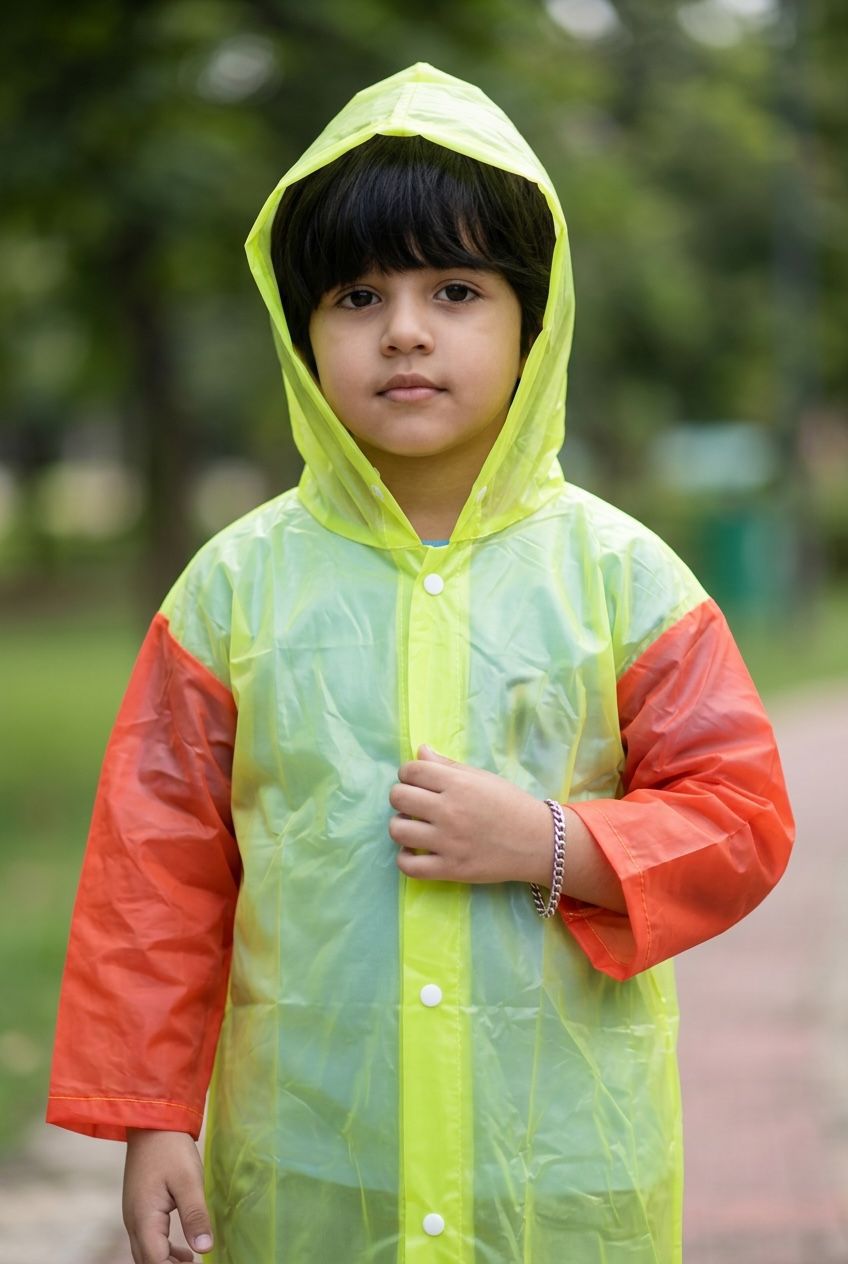Kids' Dual-Tone Hooded Raincoat – Bright Neon & Orange